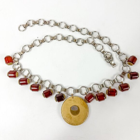 Turtle Shell Bakelite Beaded Silver Tone Chain Belt 33" - Picture 3 of 4